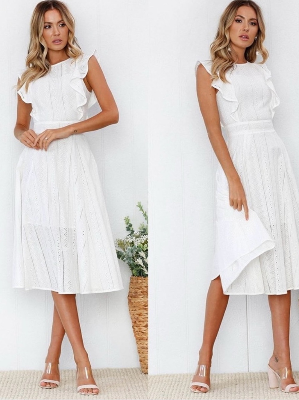 Ecowish White Eyelet Midi Flutter Sleeve Dress